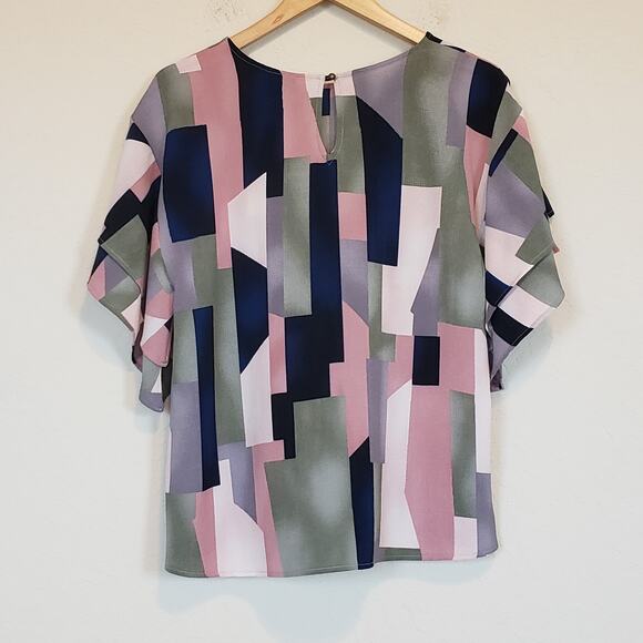 Bobeau Multicolor Geometric Abstract Double Ruffle Sleeve Boxy Blouse Size Small - Picture 3 of 9